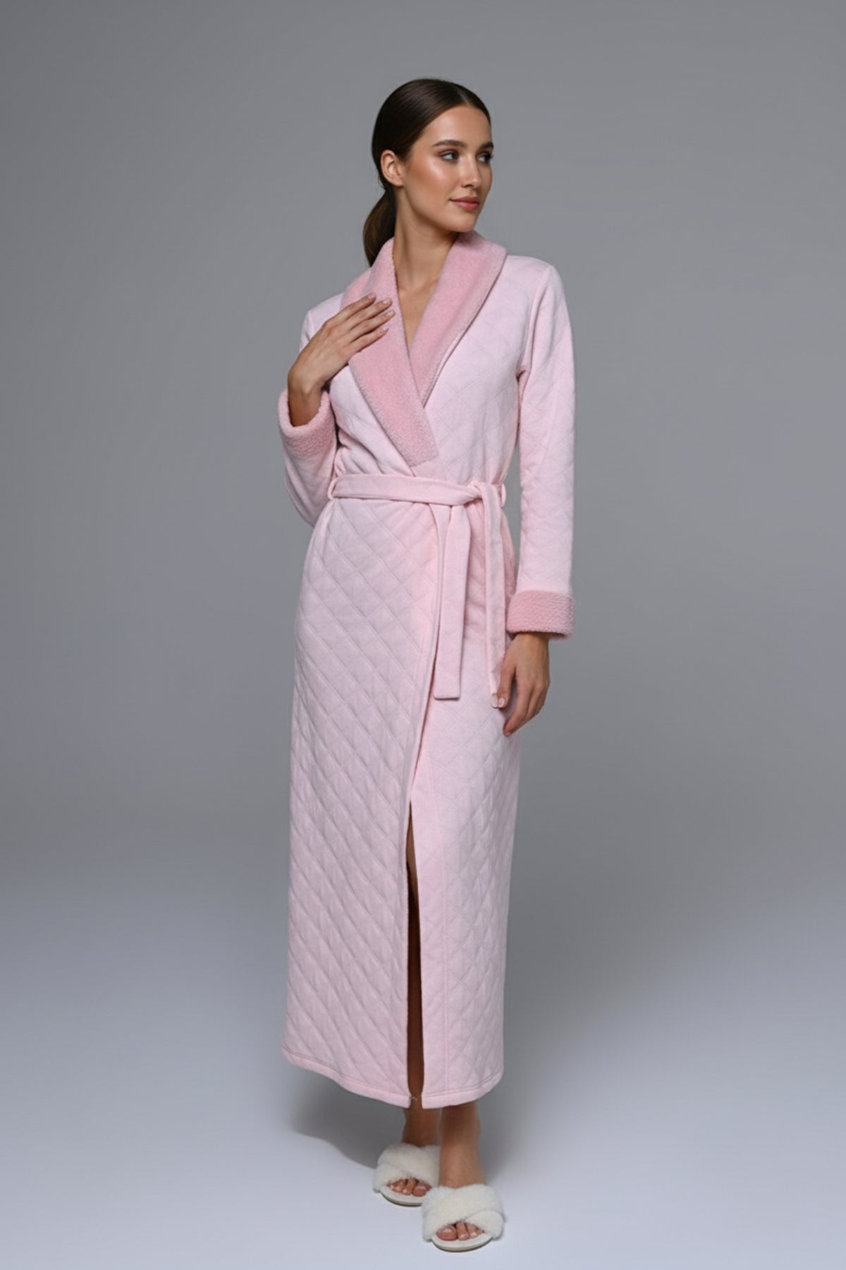 Fur Collar Quilted Maternity Robe Pink - N24605