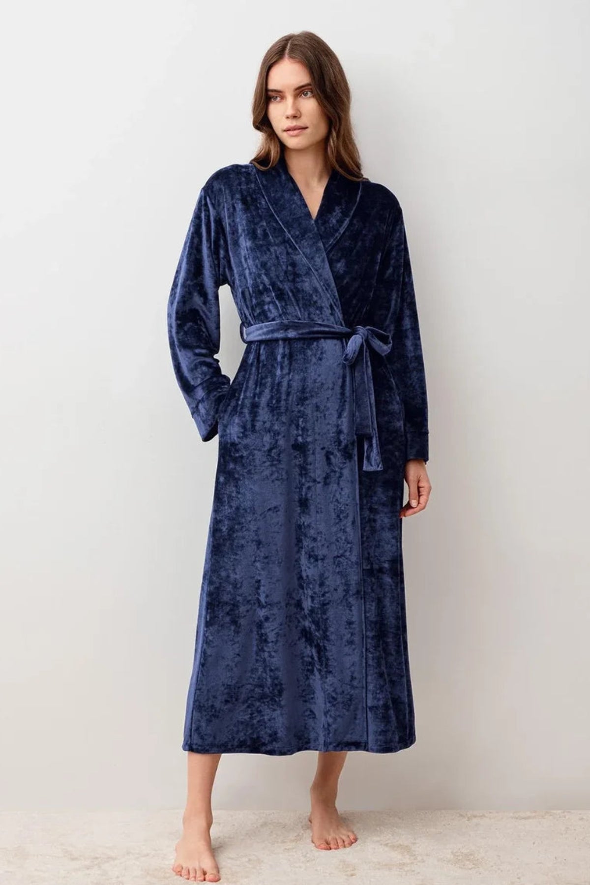 Velvet Long Maternity Robe Navy Blue - S25100