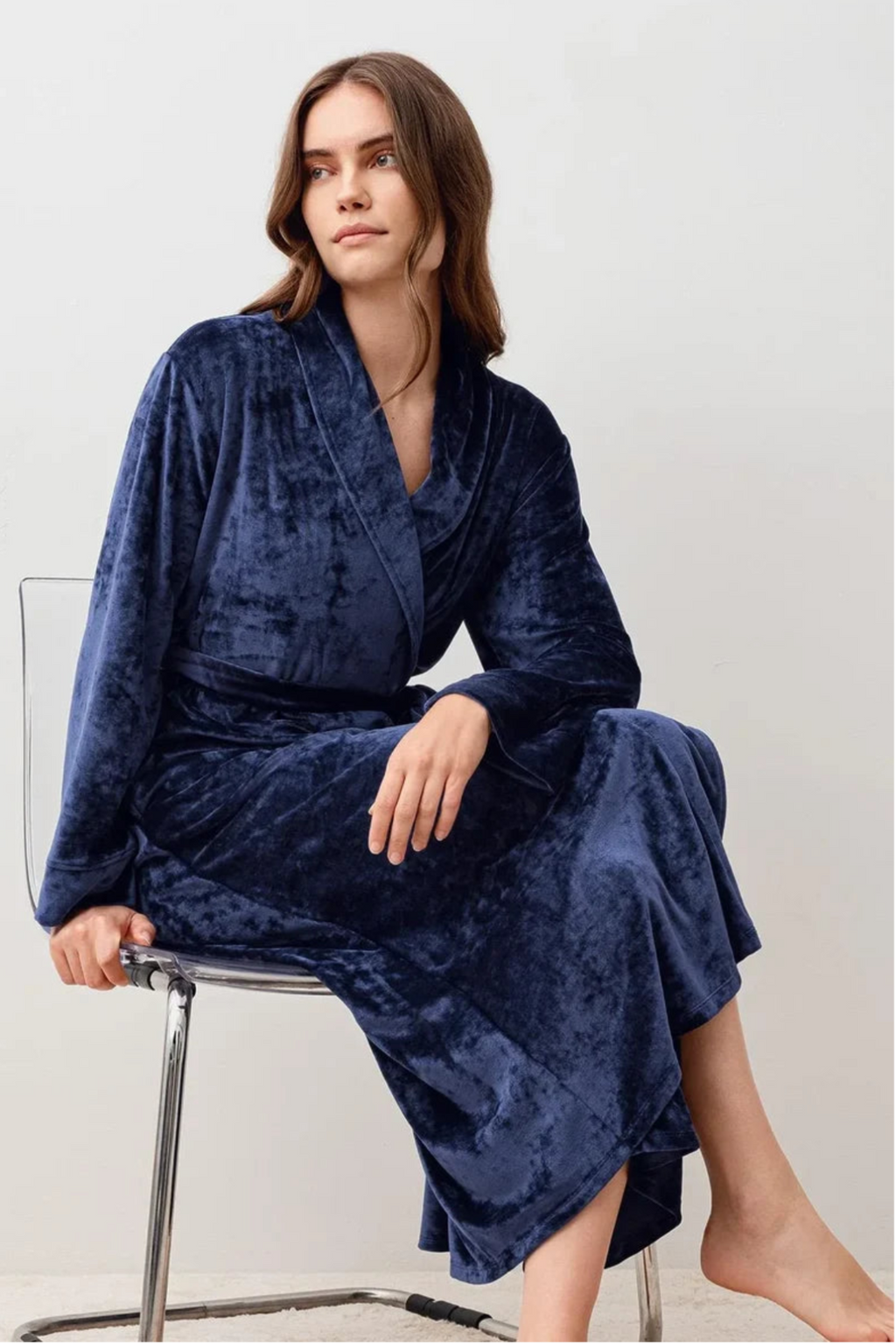 Velvet Long Maternity Robe Navy Blue - S25100