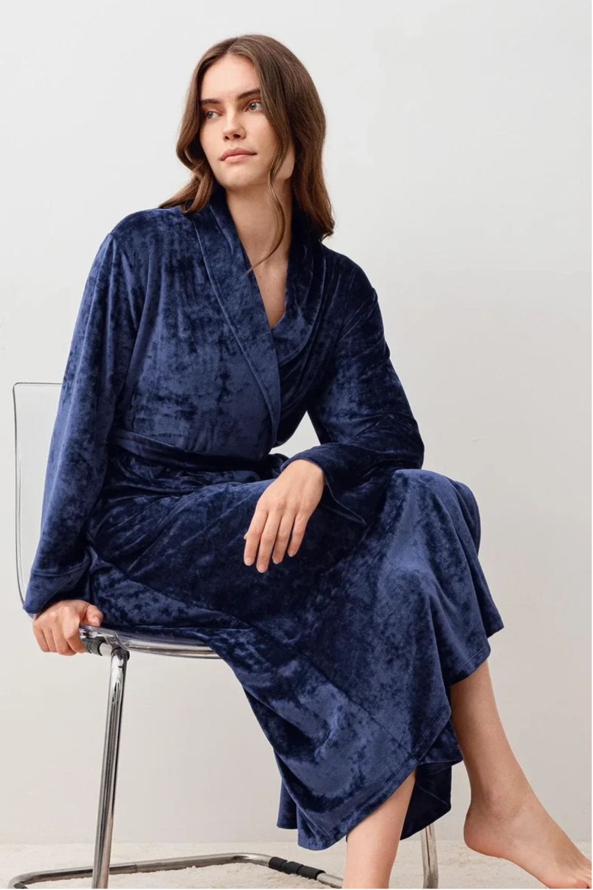 Velvet Long Maternity Robe Navy Blue - S25100