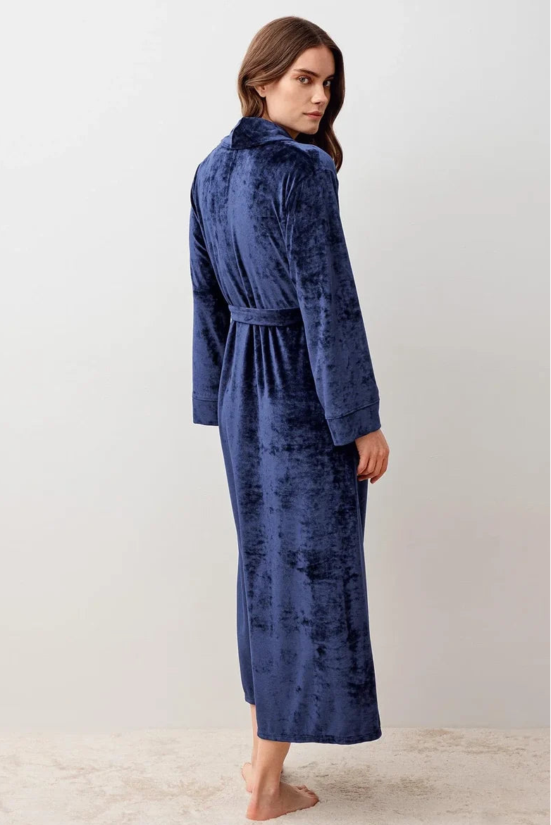 Velvet Long Maternity Robe Navy Blue - S25100