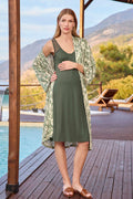 Lacy Strappy Maternity Feeding-Friendly Nightgown & Patterned Robe Set Green - E25117