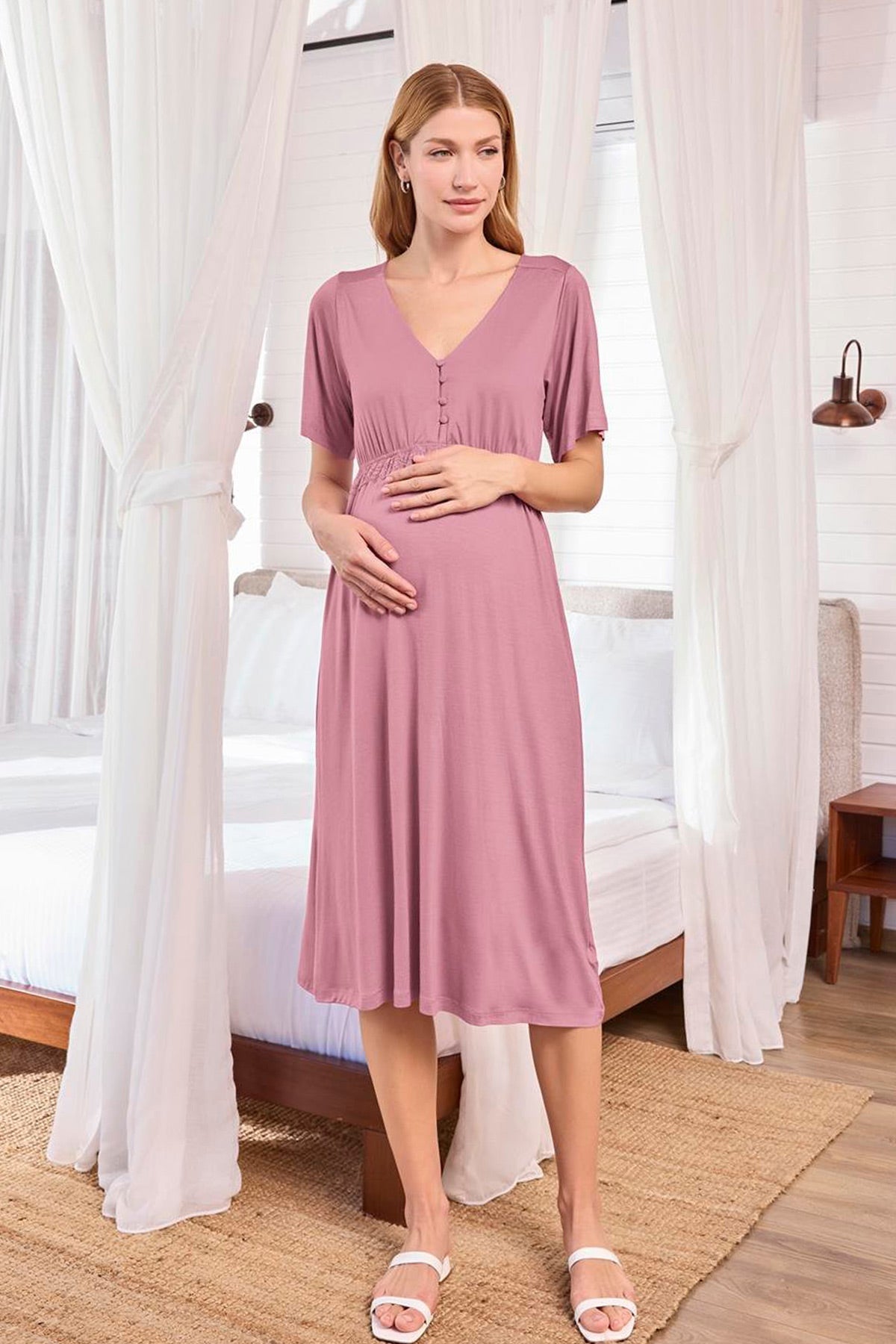 Lacy Maternity Feeding-Friendly Nightgown & Patterned Robe Set Dried Rose - E25122
