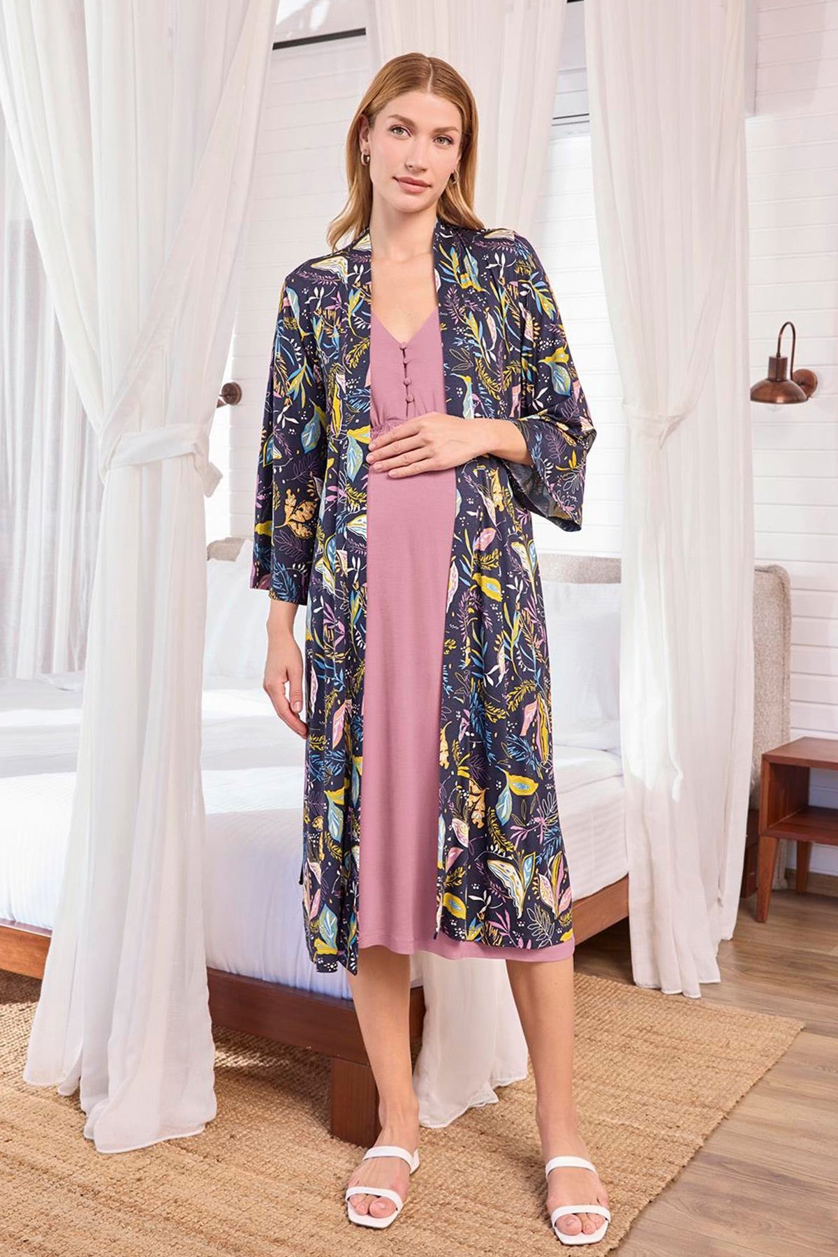 Lacy Maternity Feeding-Friendly Nightgown & Patterned Robe Set Dried Rose - E25122