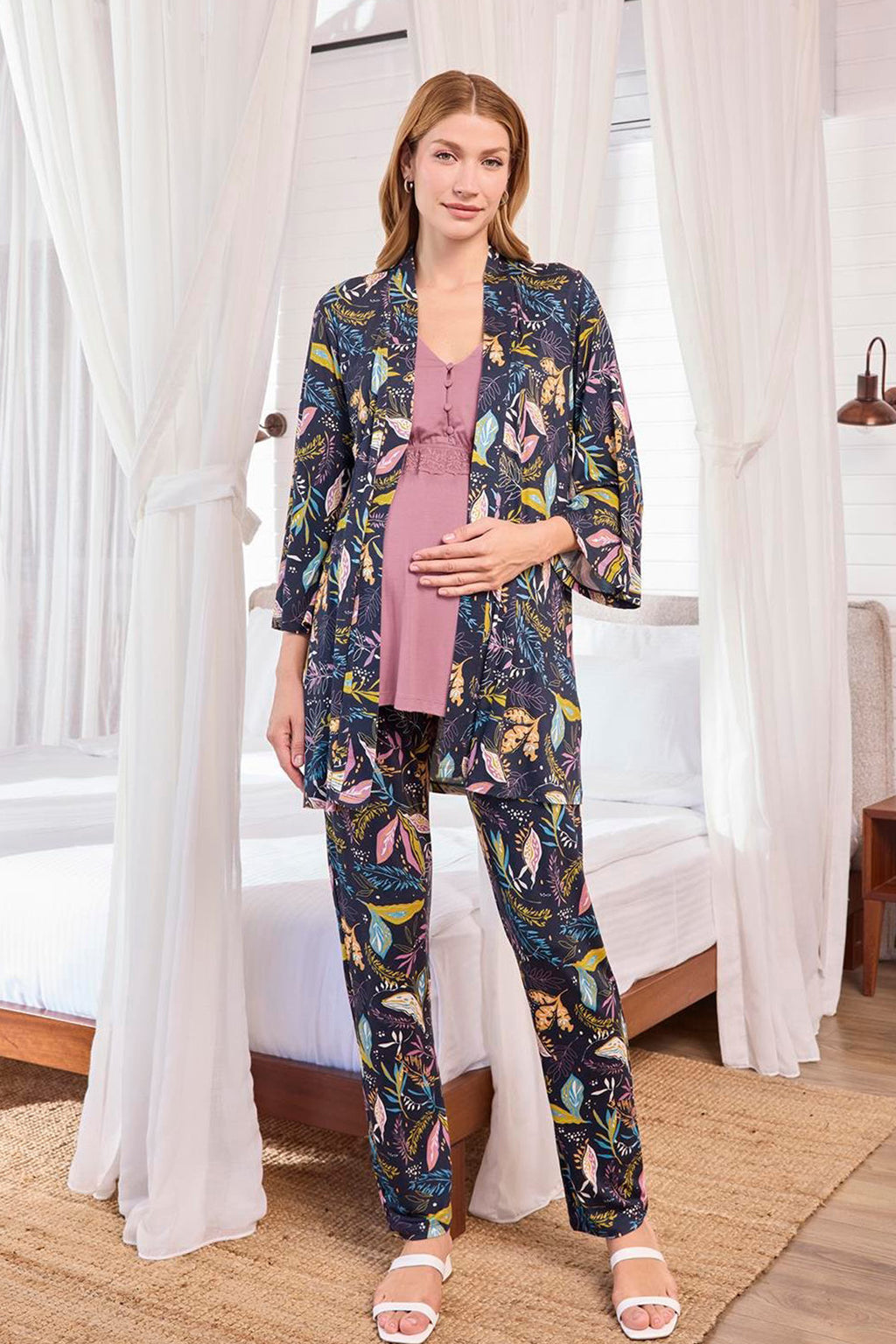 Lacy 3-Piece Maternity Feeding-Friendly Pajama & Patterned Robe Set Dried Rose - E25123