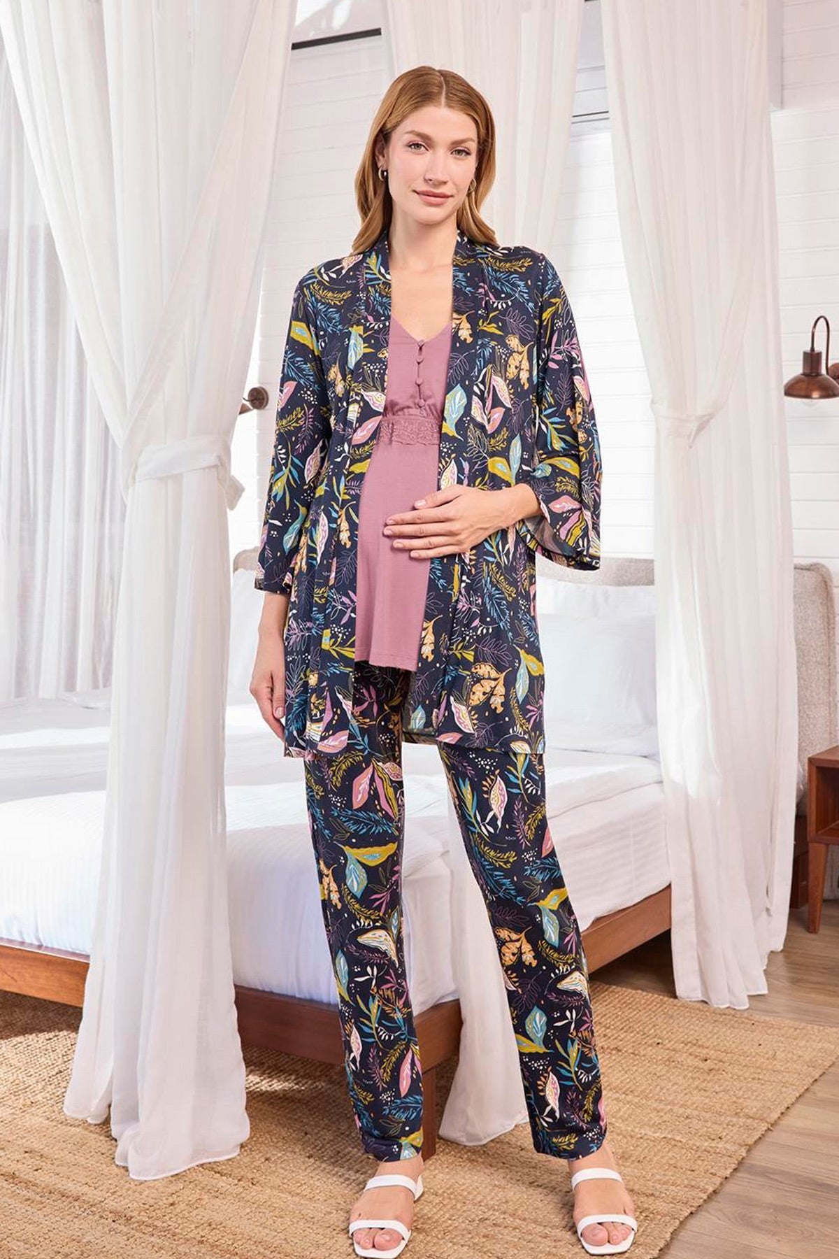 Lacy 3-Piece Maternity Feeding-Friendly Pajama & Patterned Robe Set Dried Rose - E25123