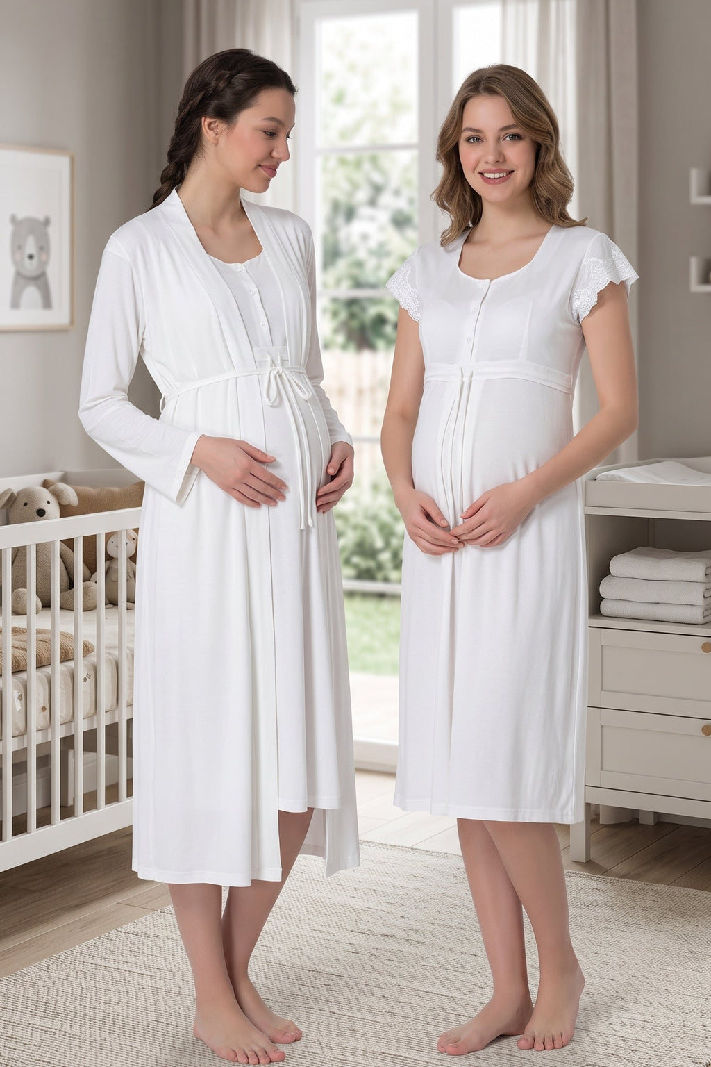 Lacy Maternity Feeding-Friendly Nightgown & Robe Set Ecru - T2525