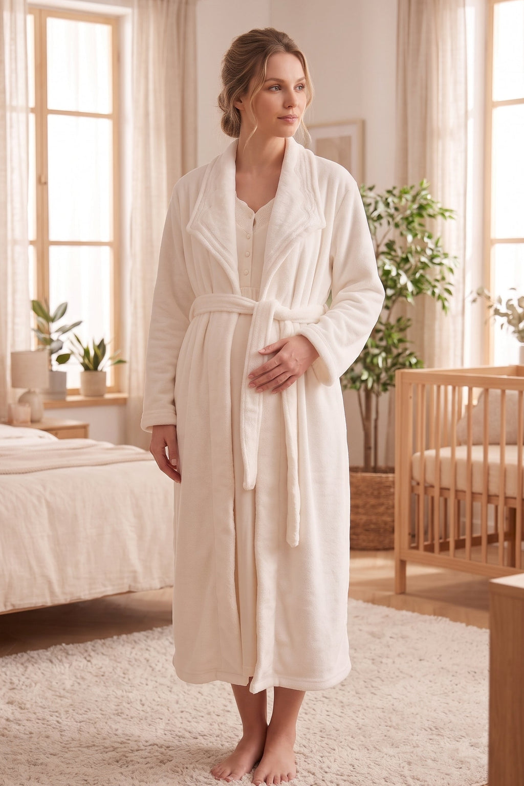 Lace Collar 2-Piece Maternity Feeding Nightgown & Welsoft Robe Set Ecru - L3000