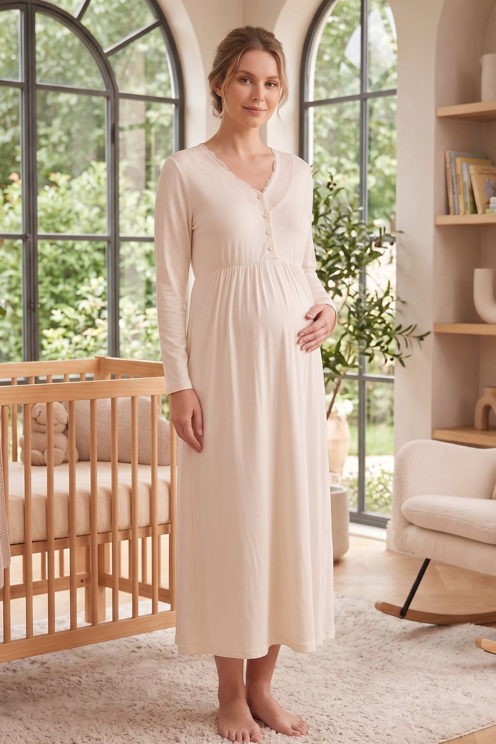 Lace Collar 2-Piece Maternity Feeding Nightgown & Welsoft Robe Set Ecru - L3000