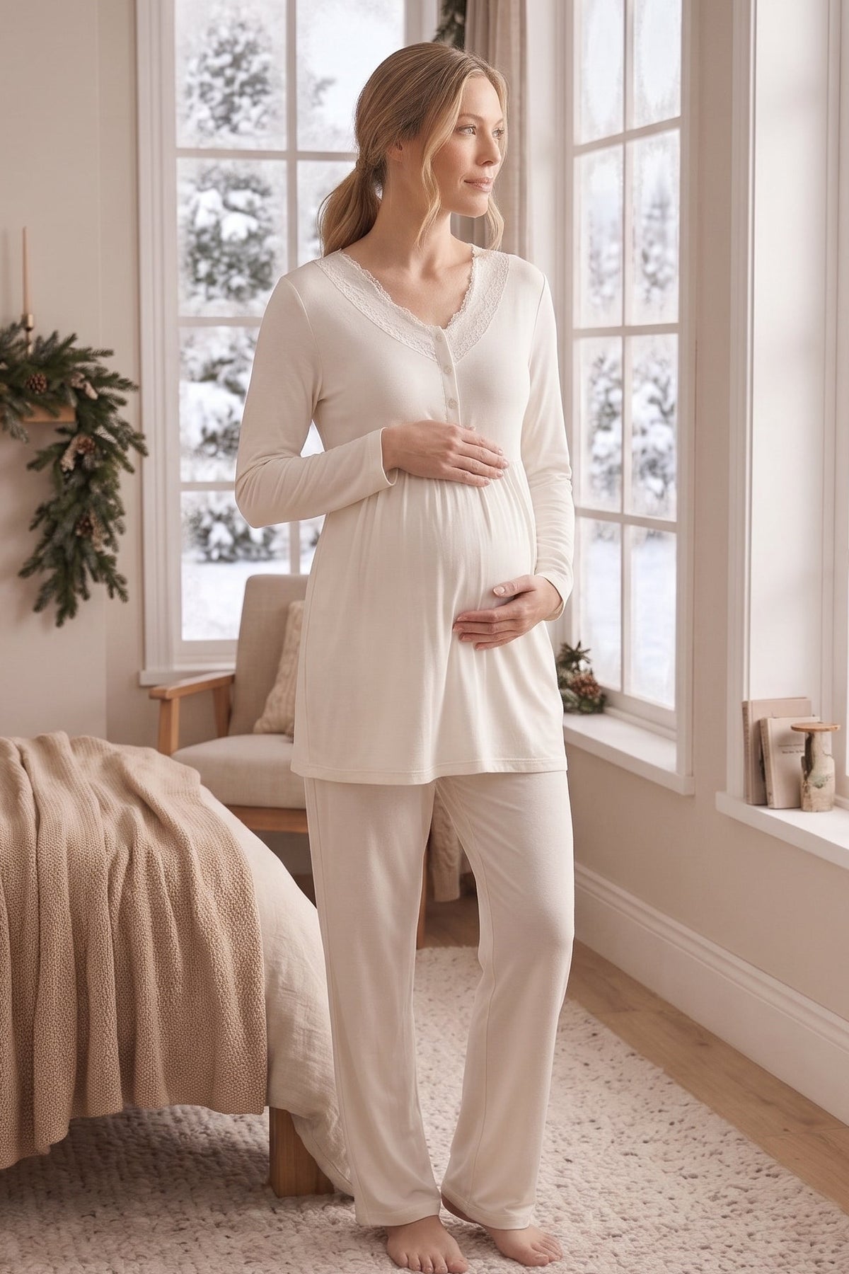Lace Collar 3-Piece Maternity Feeding-Friendly Pajama & Welsoft Robe Set Ecru - L3001