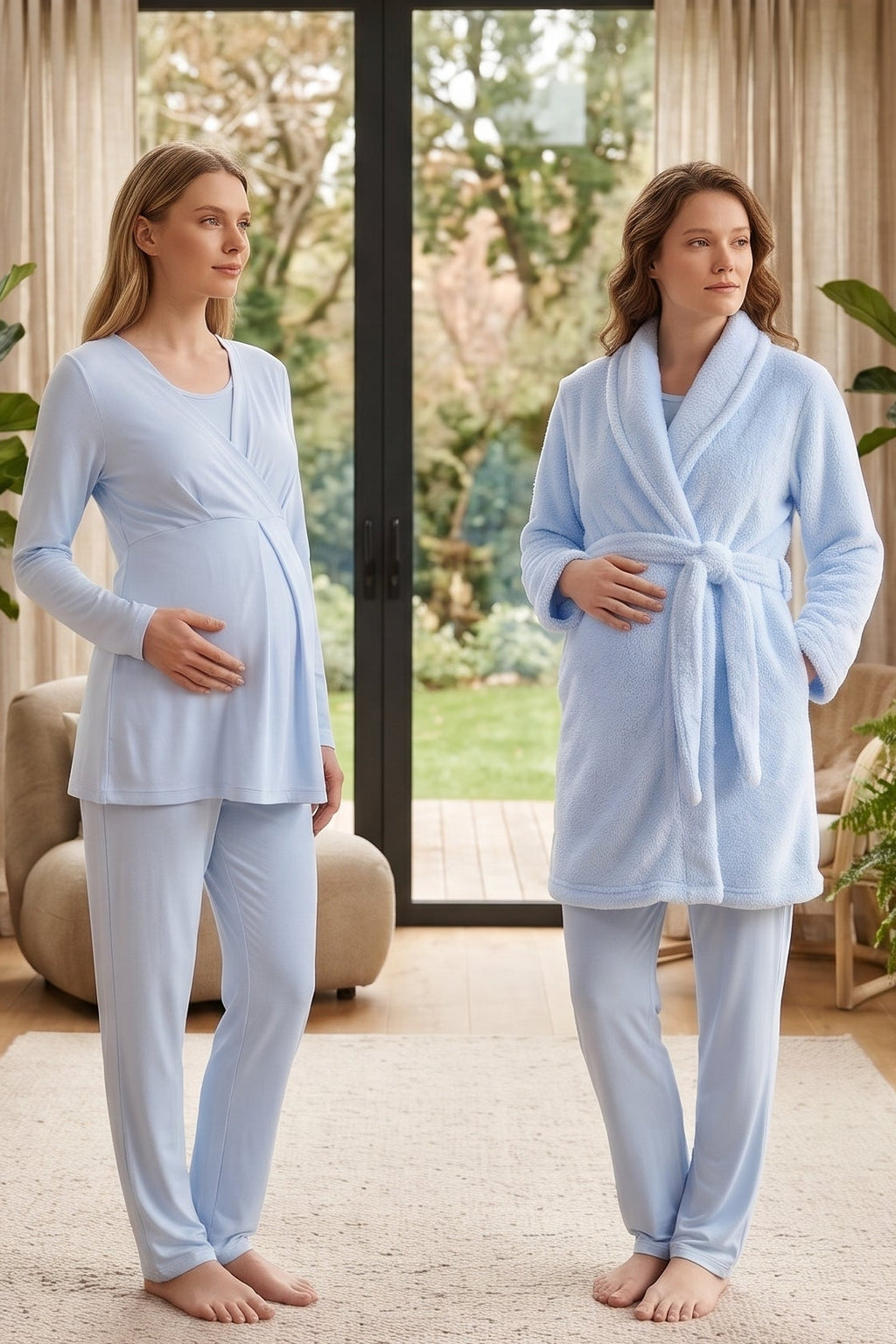 Wrap 3-Piece Maternity Feeding-Friendly Pajama & Welsoft Robe Set Blue - L3007