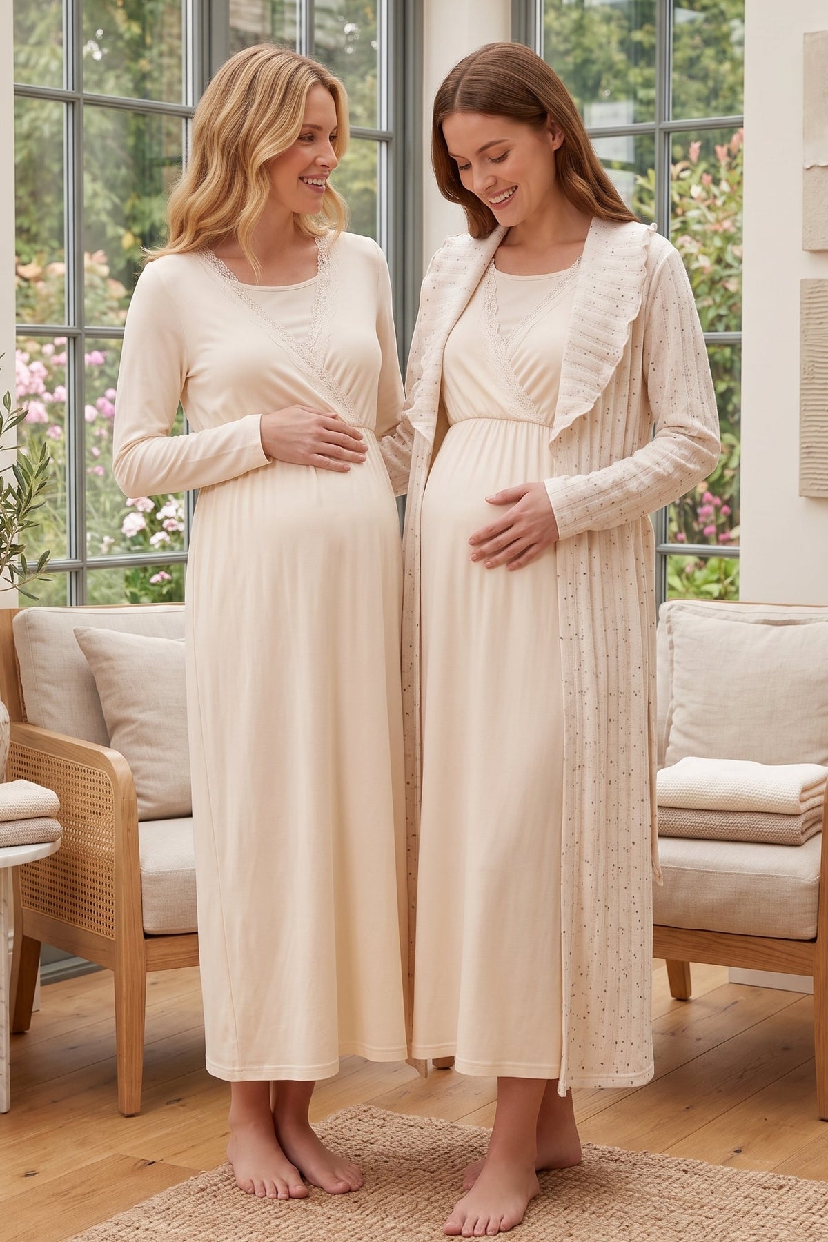 Lace Wrap-Around 2-Piece Maternity Feeding-Friendly Nightgown & Knit Robe Set Beige - L3009