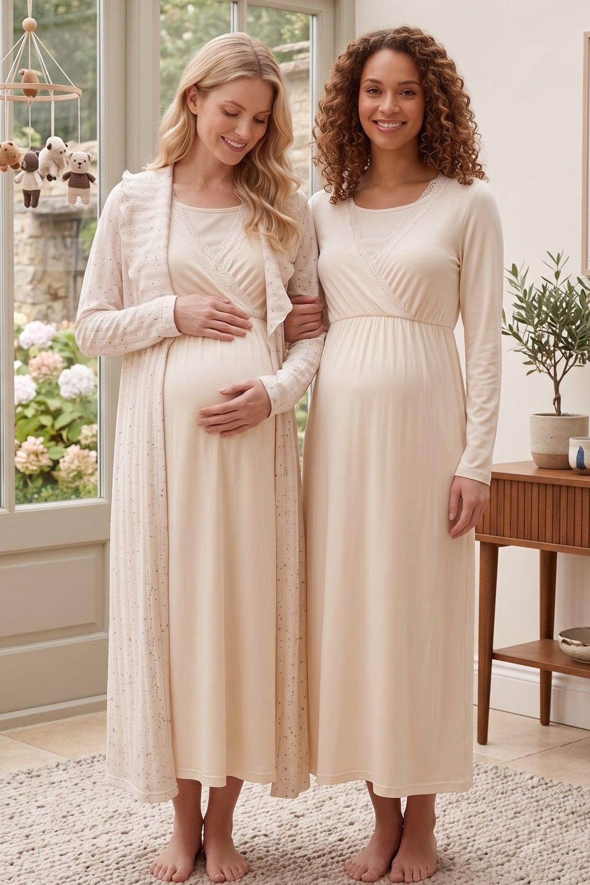 Lace Wrap-Around 2-Piece Maternity Feeding-Friendly Nightgown & Knit Robe Set Beige - L3009