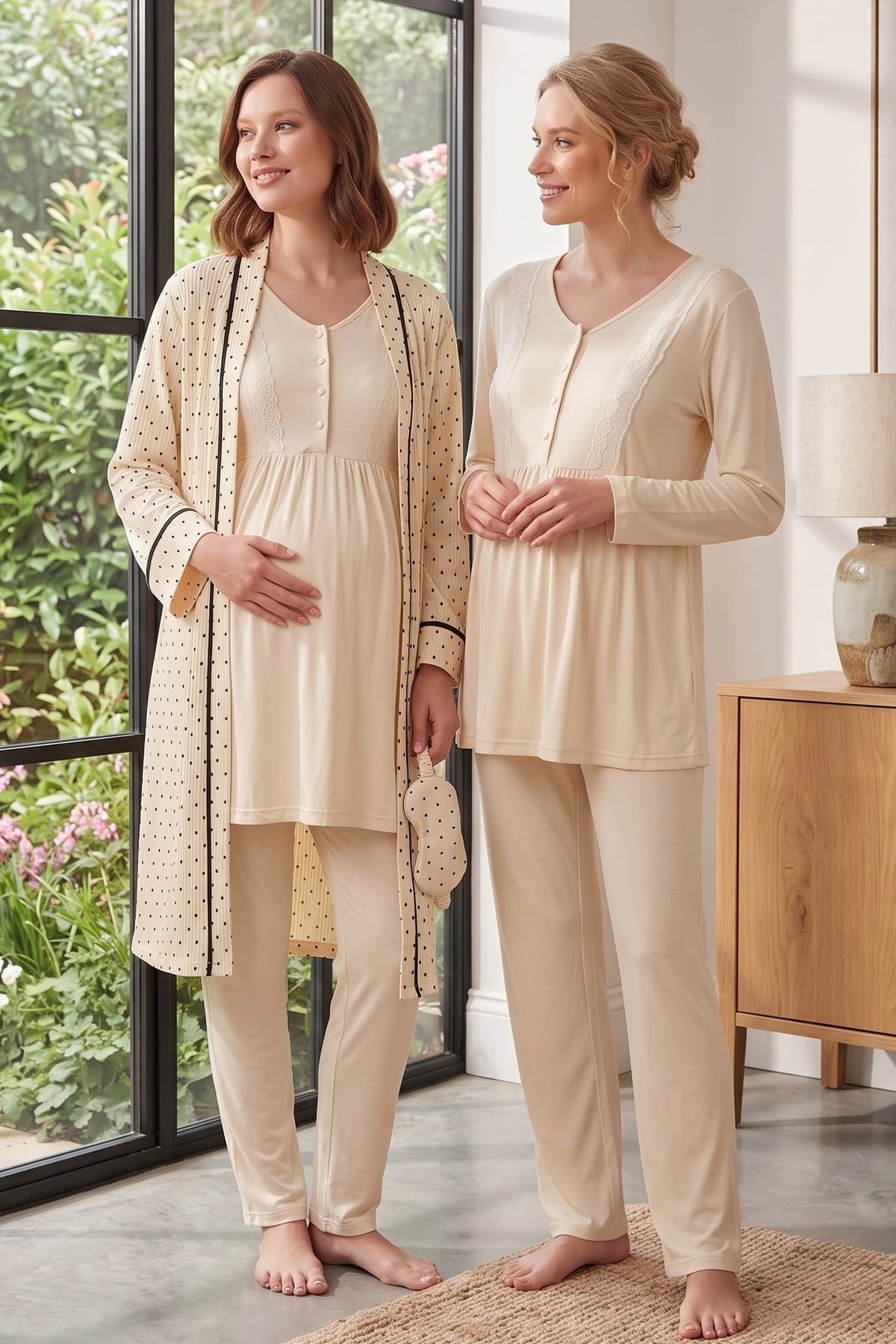 Lace Trim 3-Piece Maternity Feeding-Friendly Pajama & Crepe Polka Dot Robe Set Ecru - L3010