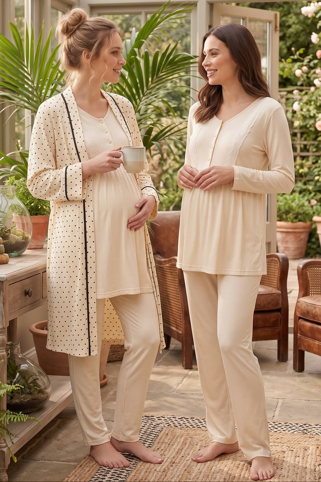 Lace Trim 3-Piece Maternity Feeding-Friendly Pajama & Crepe Polka Dot Robe Set Ecru - L3010
