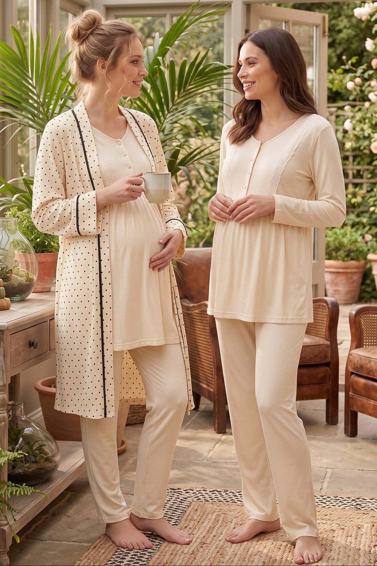 Lace Trim 3-Piece Maternity Feeding-Friendly Pajama & Crepe Polka Dot Robe Set Ecru - L3010
