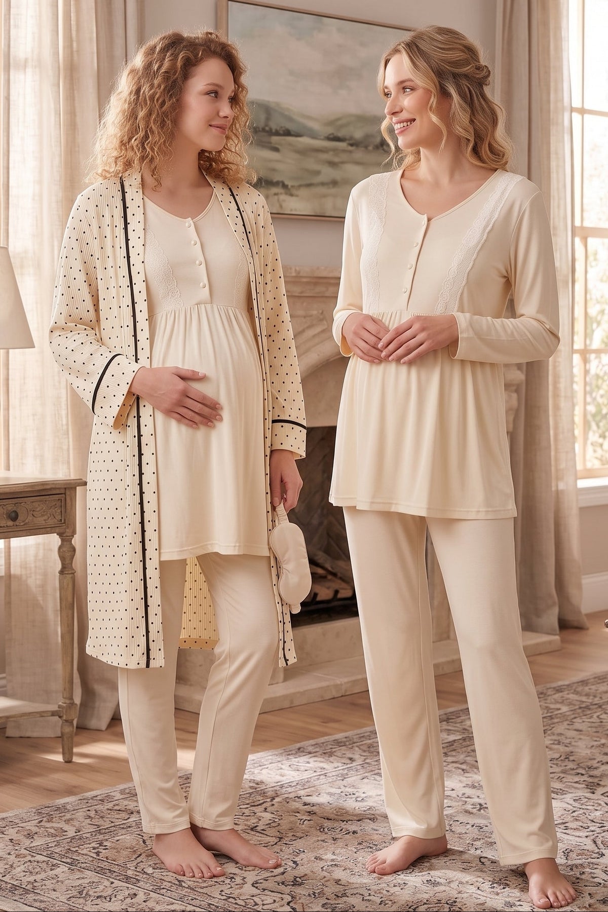 Lace Trim 3-Piece Maternity Feeding-Friendly Pajama & Crepe Polka Dot Robe Set Ecru - L3010