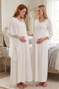 Lace Embroidered Maternity Feeding-Friendly Nightgown & Robe Set Ecru - T3010