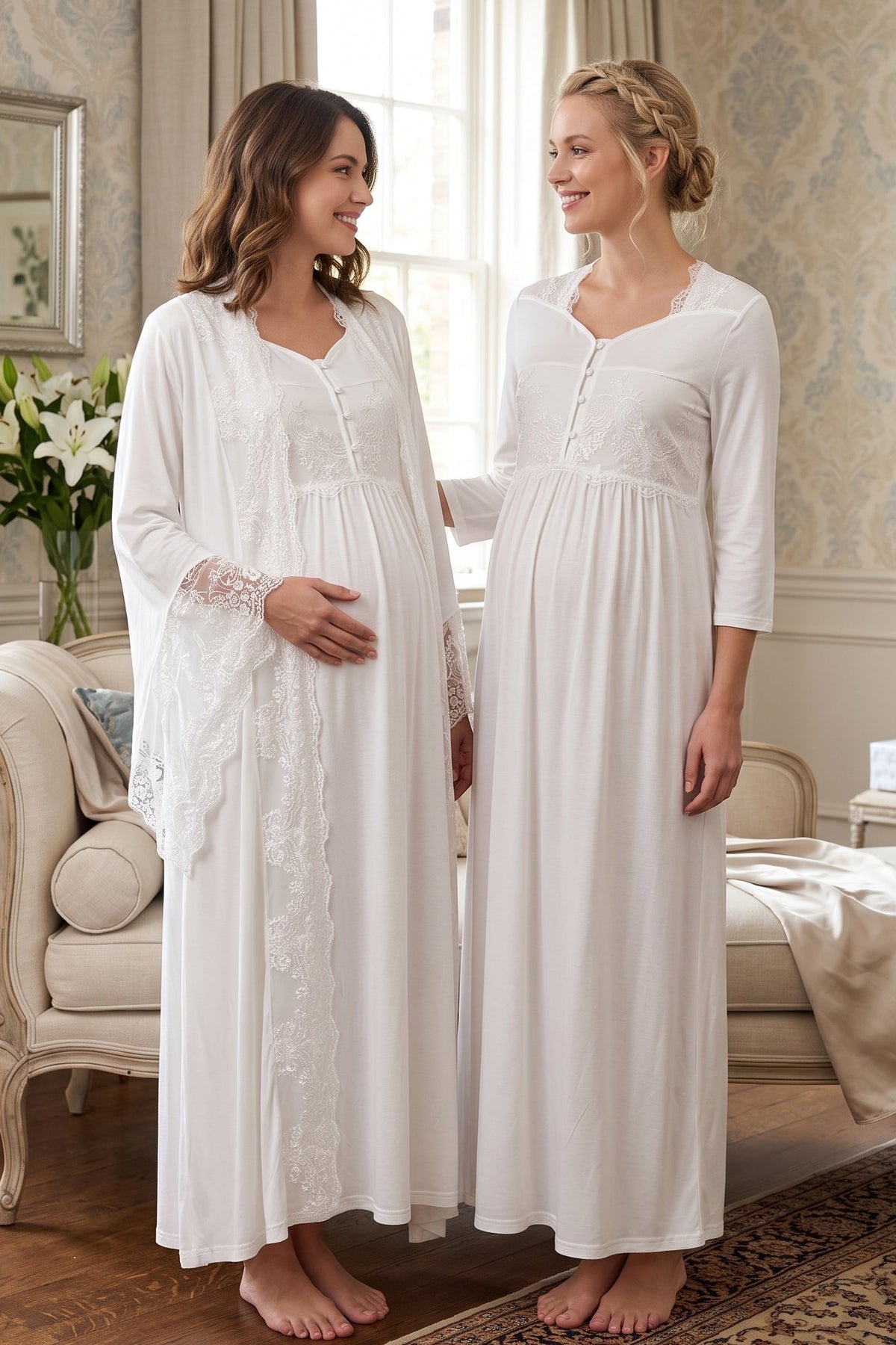 Lace Embroidered Maternity Feeding-Friendly Nightgown & Robe Set Ecru - T3010