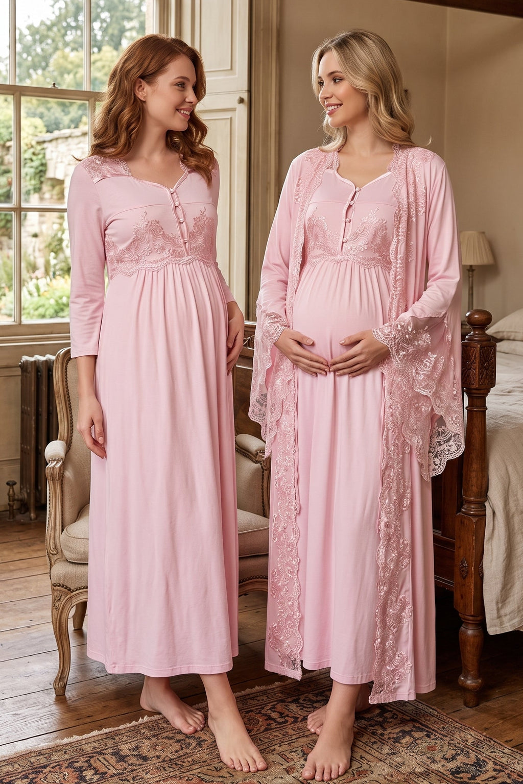 Lace Embroidered Maternity Feeding-Friendly Nightgown & Robe Set Pink - T3010