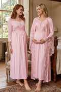 Lace Embroidered Maternity Feeding-Friendly Nightgown & Robe Set Pink - T3010