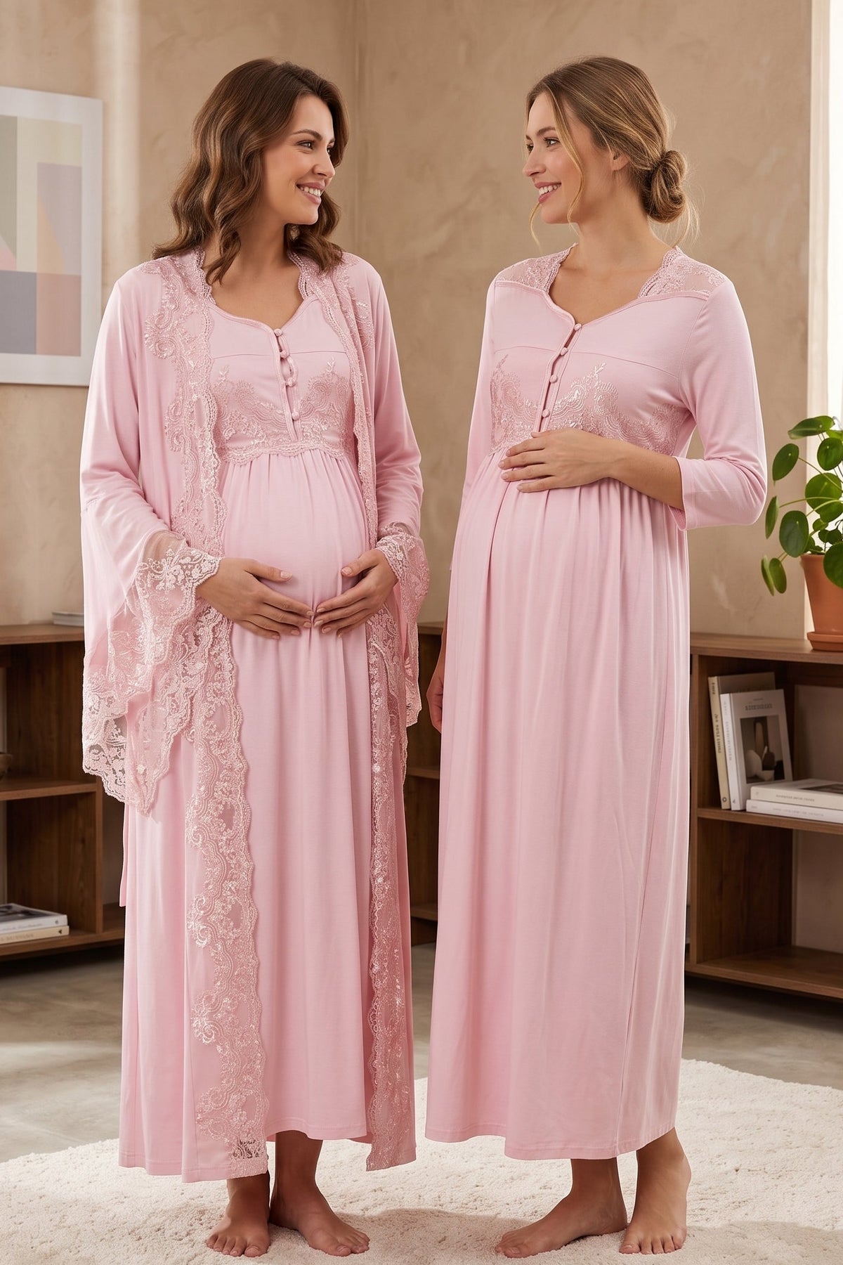 Lace Embroidered Maternity Feeding-Friendly Nightgown & Robe Set Pink - T3010