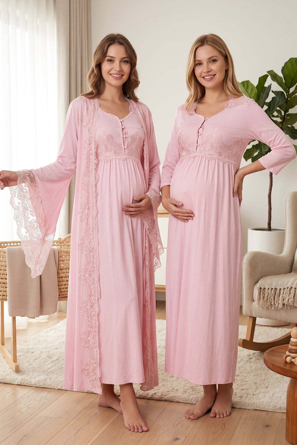 Lace Embroidered Maternity Feeding-Friendly Nightgown & Robe Set Pink - T3010