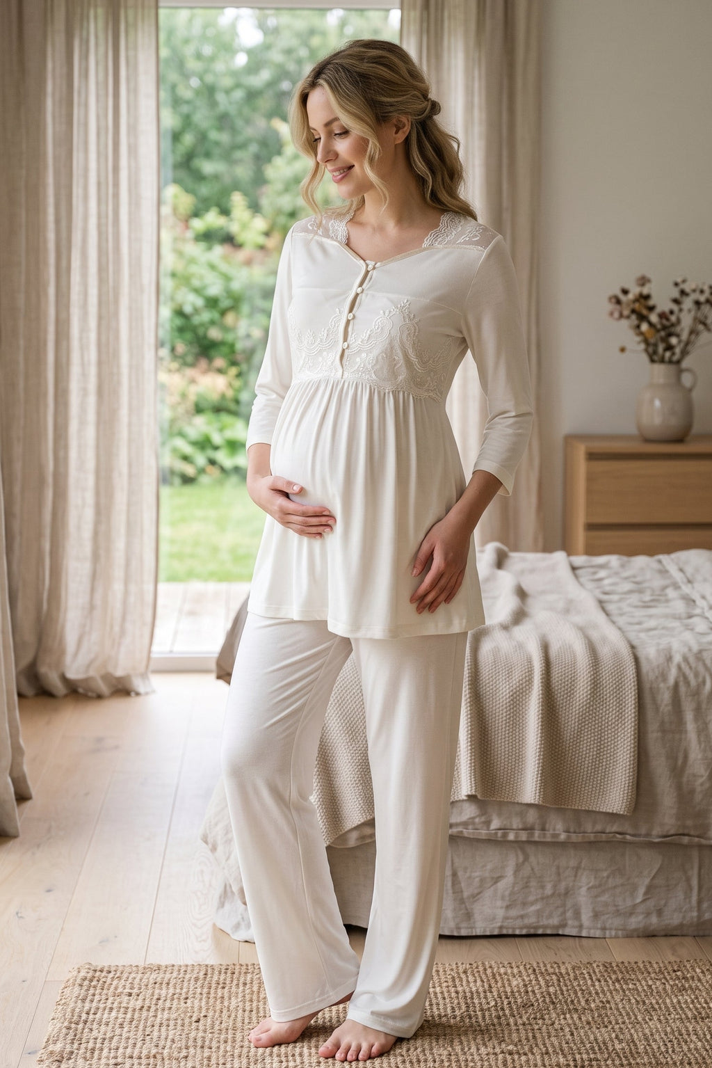 Lace Embroidered Maternity Feeding-Friendly Pajama Set Ecru - T3011