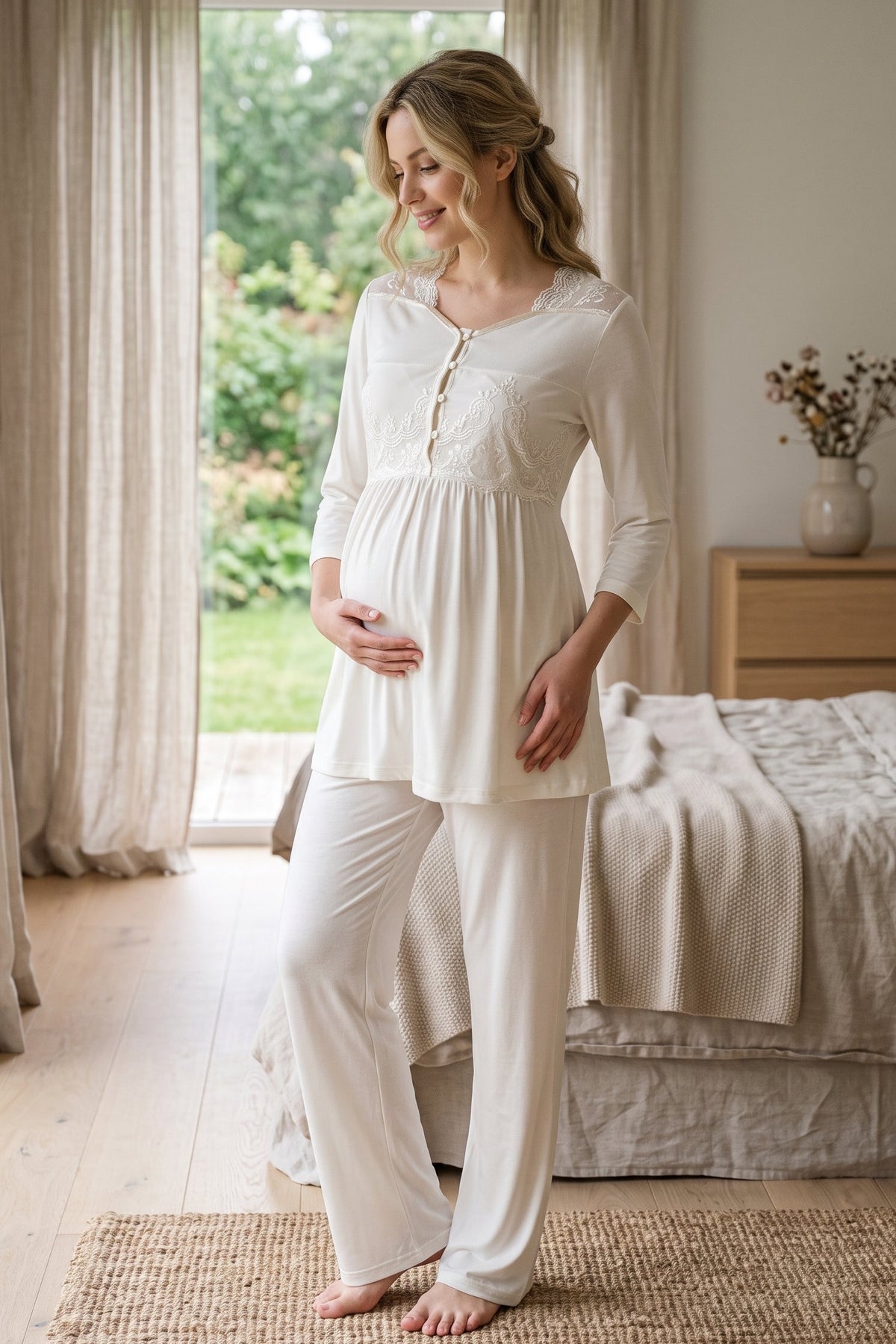 Lace Embroidered Maternity Feeding-Friendly Pajama Set Ecru - T3011