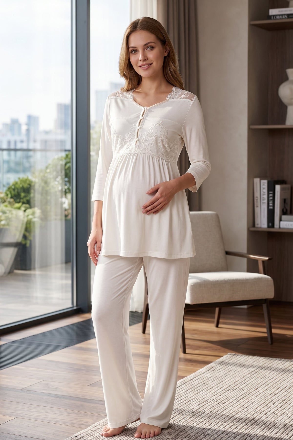 Lace Embroidered Maternity Feeding-Friendly Pajama Set Ecru - T3011