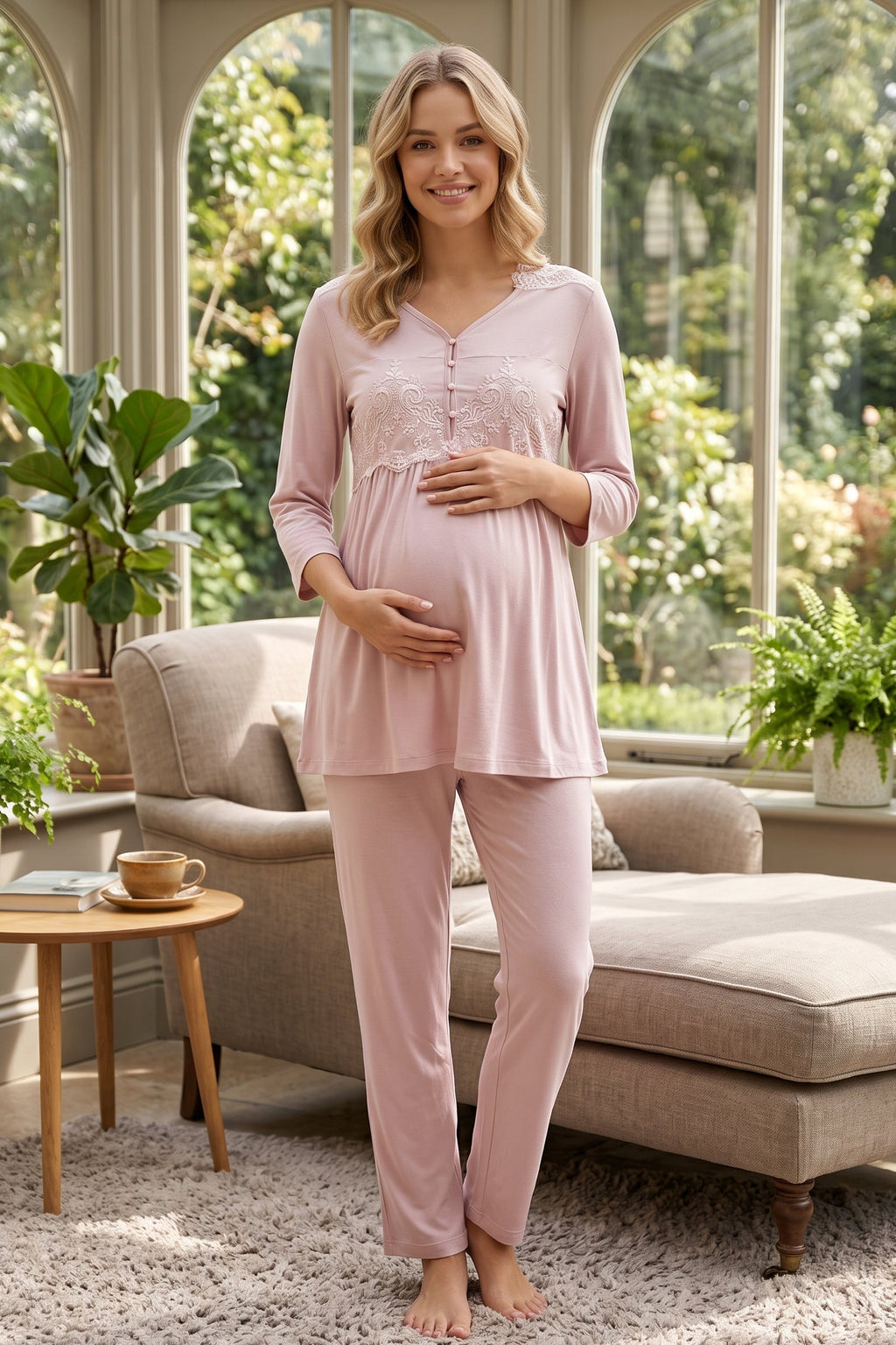 Lace Embroidered Maternity Feeding-Friendly Pajama Set Pink - T3011