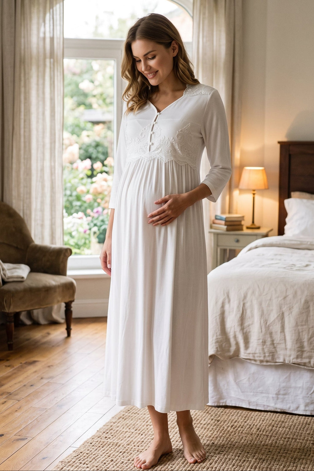 Lace Embroidered Maternity Feeding-Friendly Nightgown Ecru - T3012