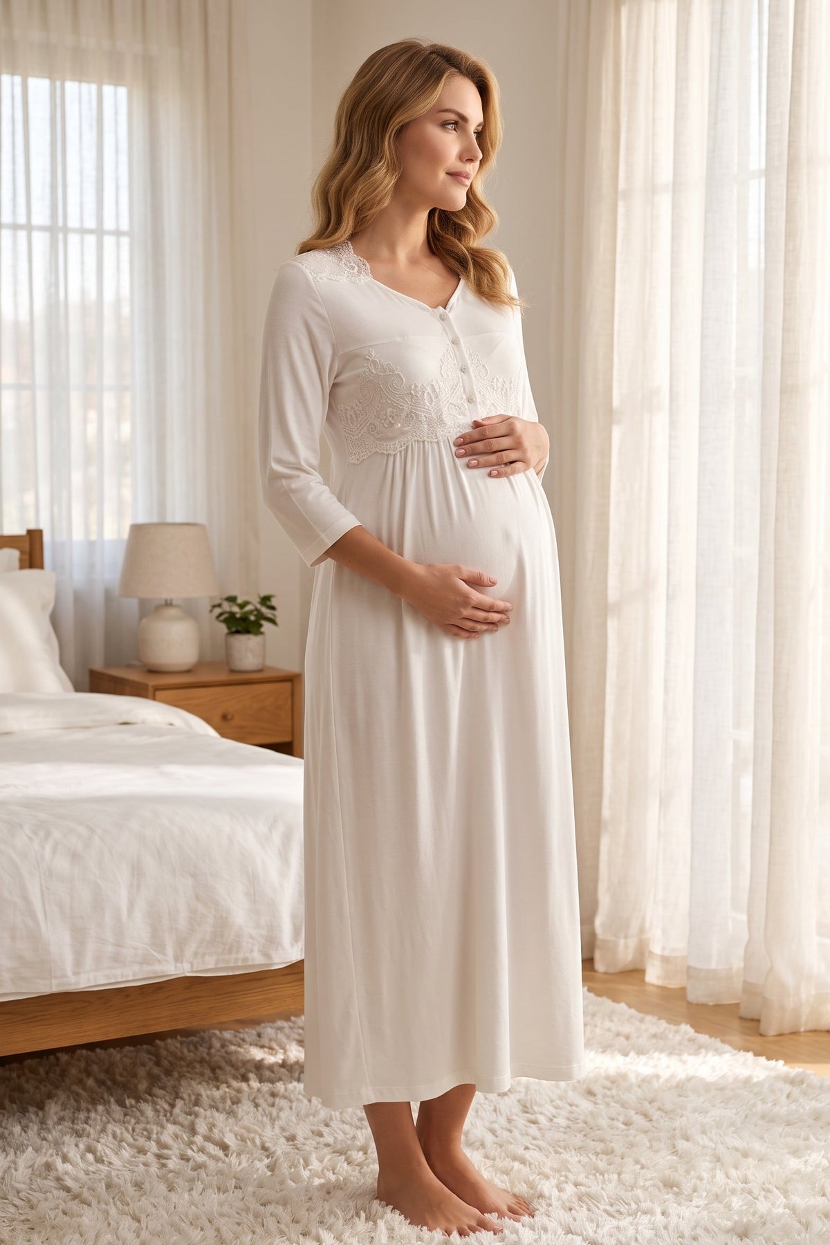 Lace Embroidered Maternity Feeding-Friendly Nightgown Ecru - T3012