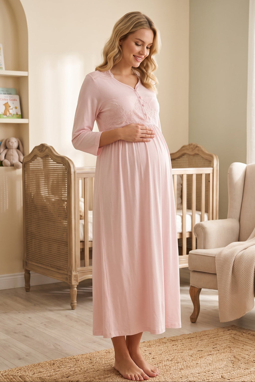 Lace Embroidered Maternity Feeding-Friendly Nightgown Pink - T3012