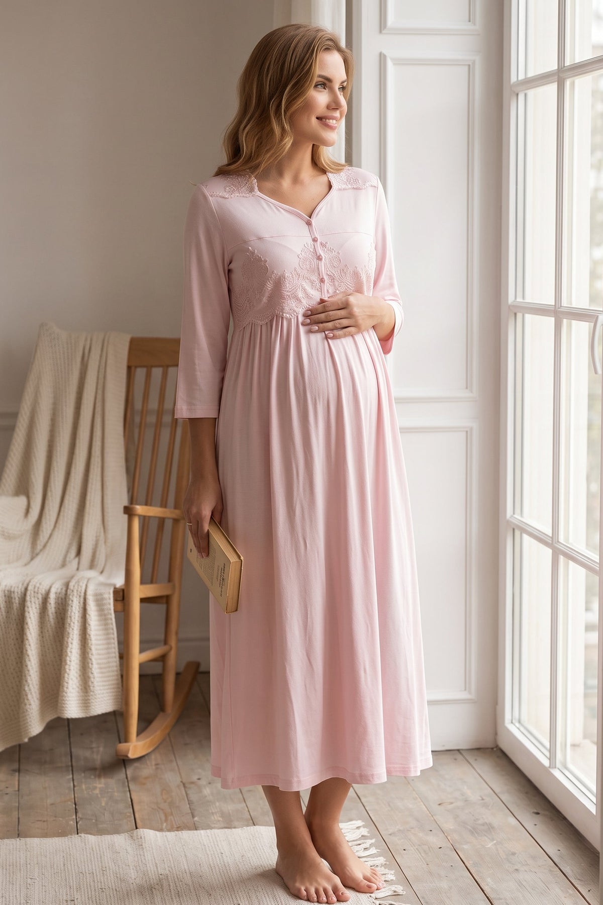 Lace Embroidered Maternity Feeding-Friendly Nightgown Pink - T3012