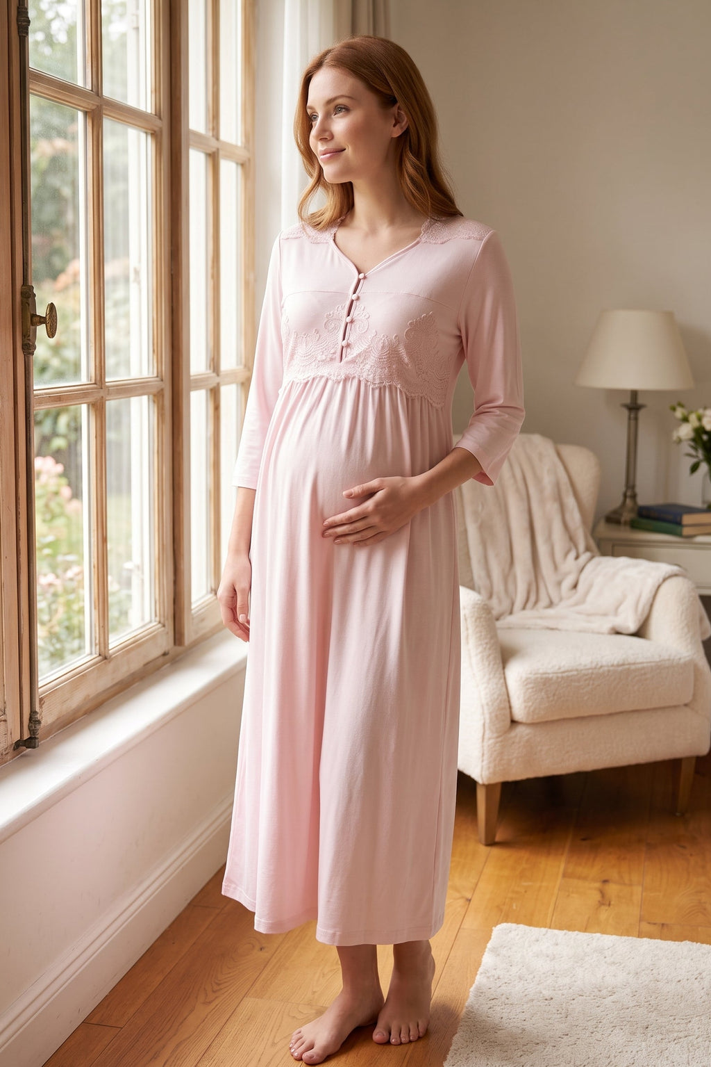 Lace Embroidered Maternity Feeding-Friendly Nightgown Pink - T3012