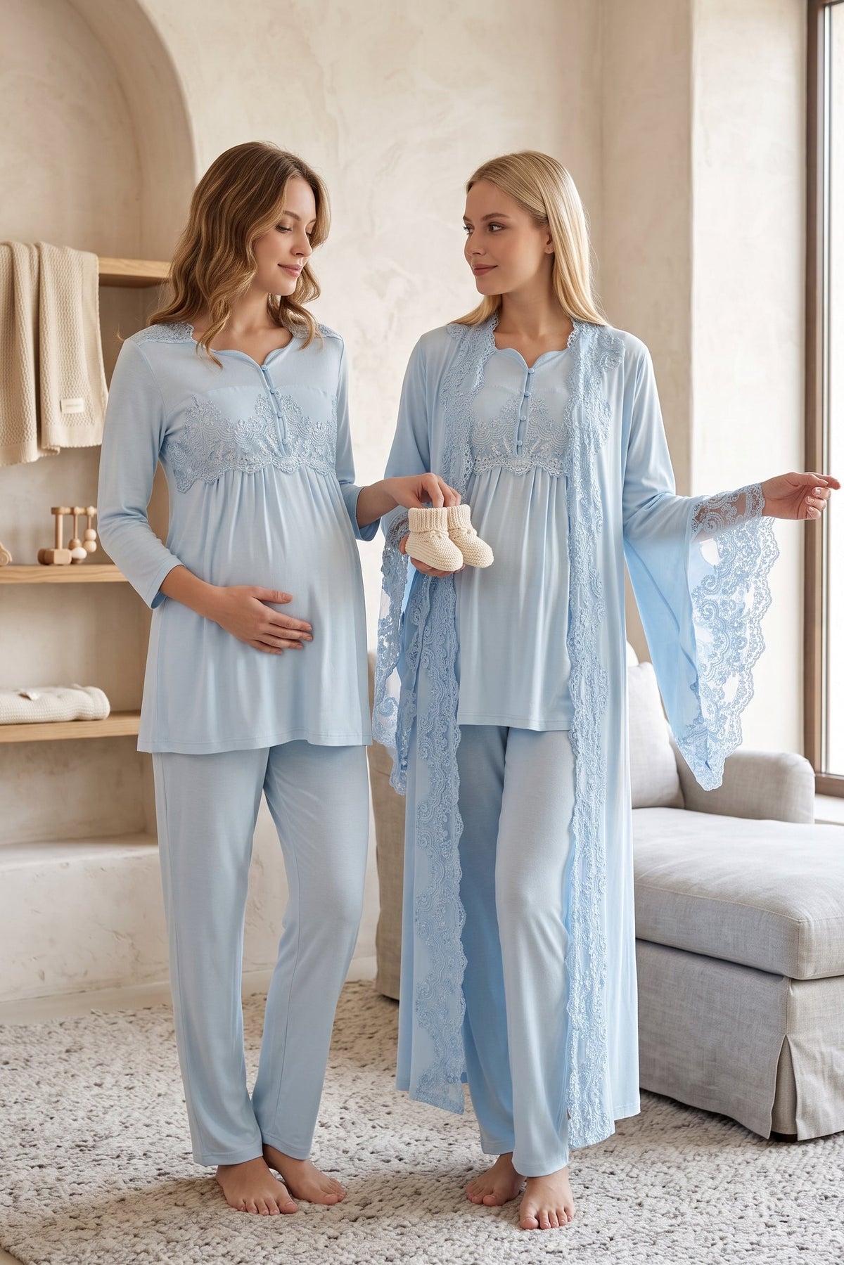 Lace Embroidered 3-Piece Maternity Feeding-Friendly Pajama & Robe Set Blue - T3015