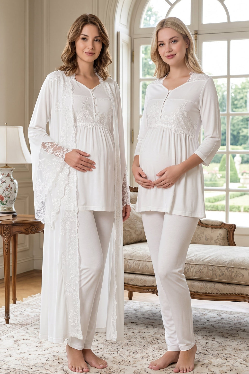 Lace Embroidered 3-Piece Maternity Feeding-Friendly Pajama & Robe Set Ecru - T3015