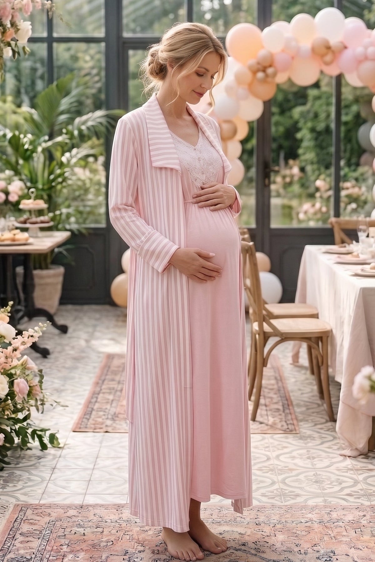 Lace Collar 2-Piece Maternity Feeding-Friendly Nightgown & Striped Robe Set Pink - L3024