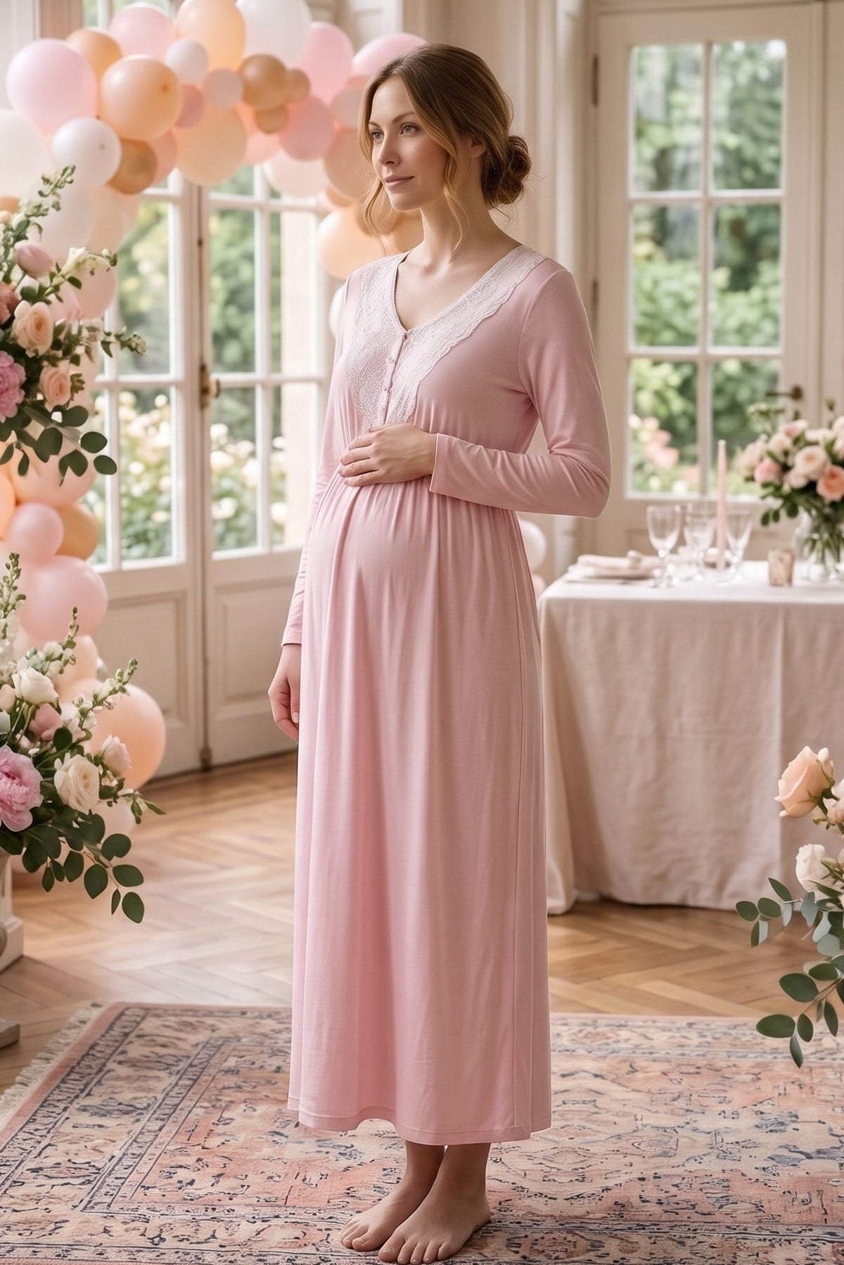 Lace Collar 2-Piece Maternity Feeding-Friendly Nightgown & Striped Robe Set Pink - L3024