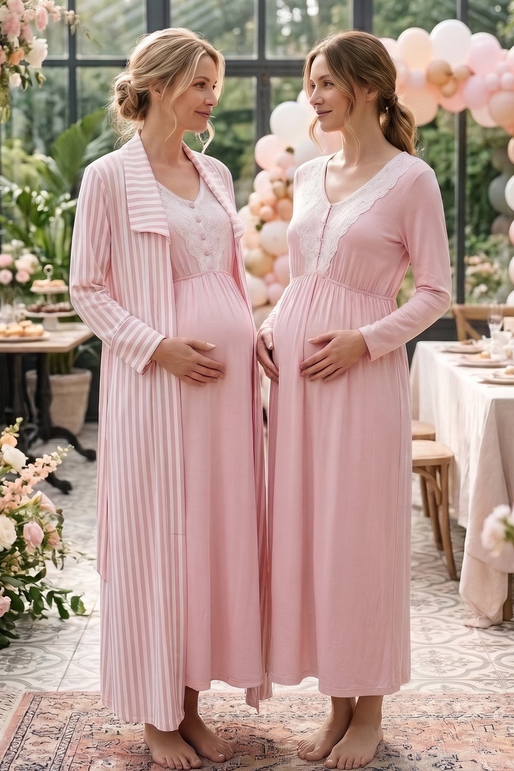 Lace Collar 2-Piece Maternity Feeding-Friendly Nightgown & Striped Robe Set Pink - L3024