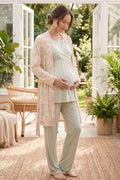 Wrap 3-Piece Maternity Feeding-Friendly Pajama & Patterned Robe Set Pink/Mint - L3026
