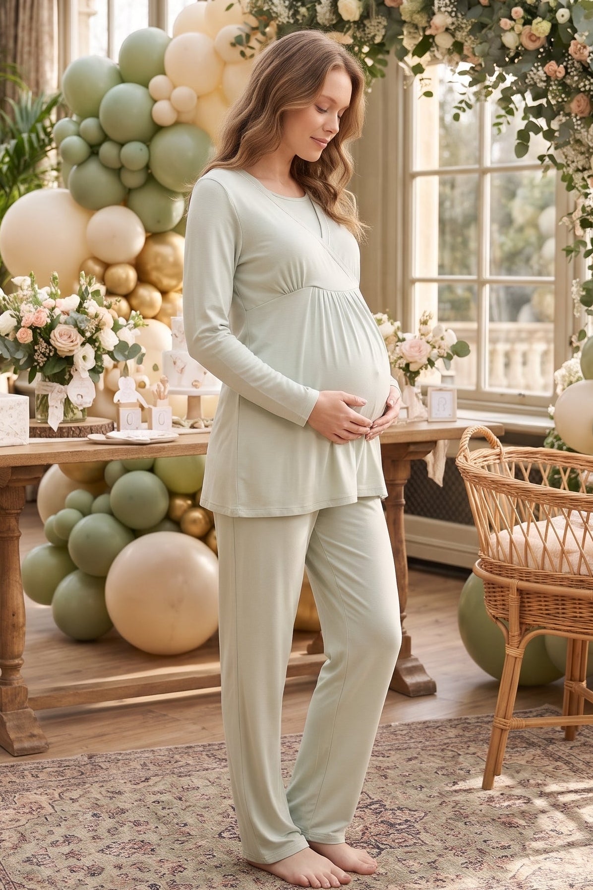 Wrap 3-Piece Maternity Feeding-Friendly Pajama & Patterned Robe Set Pink/Mint - L3026