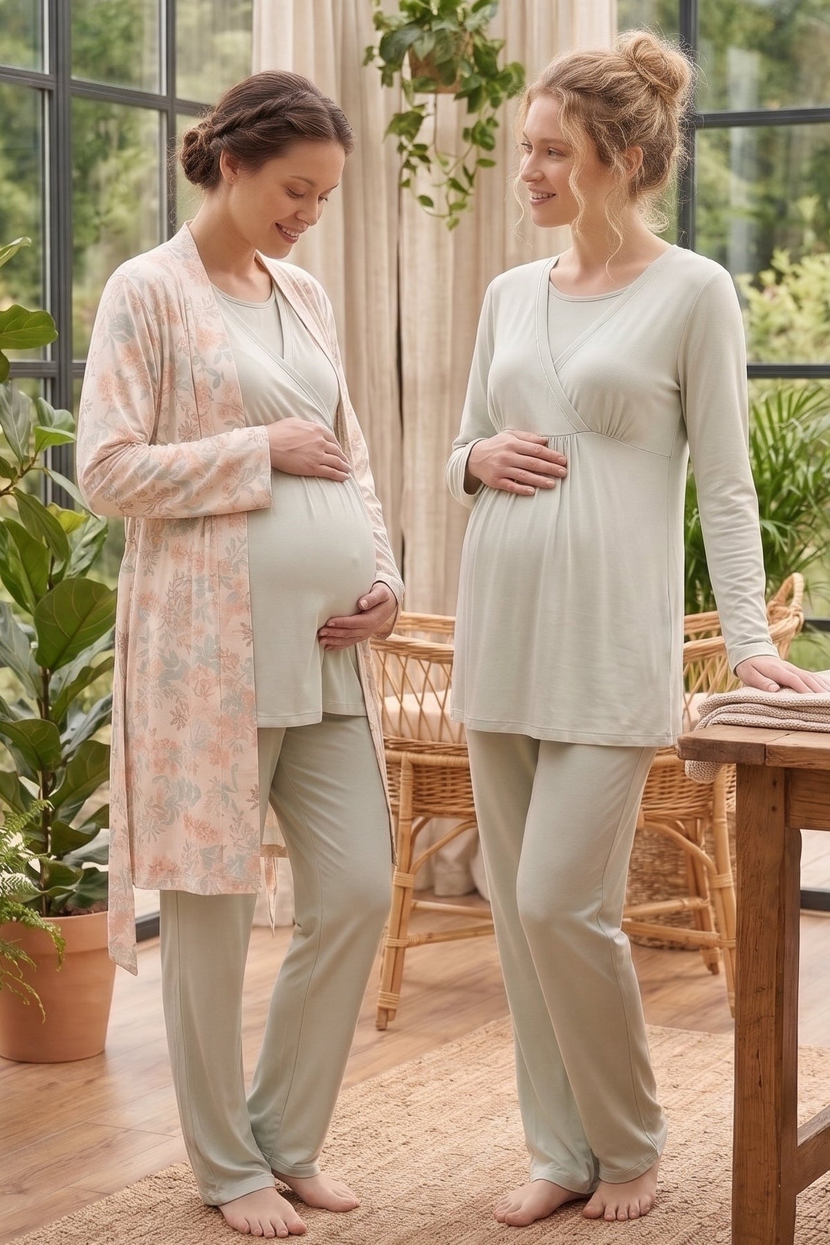 Wrap 3-Piece Maternity Feeding-Friendly Pajama & Patterned Robe Set Pink/Mint - L3026