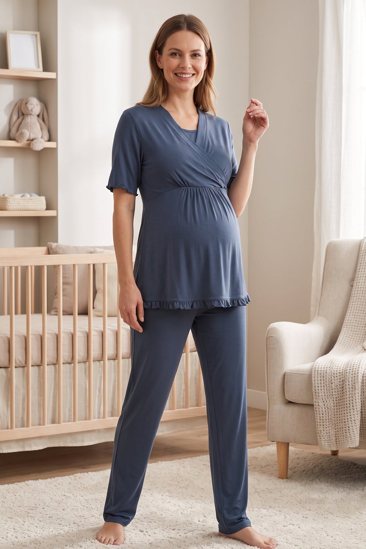Pleated Sleeves Wrap Maternity Feeding-Friendly Pajama Set Indigo - T3032