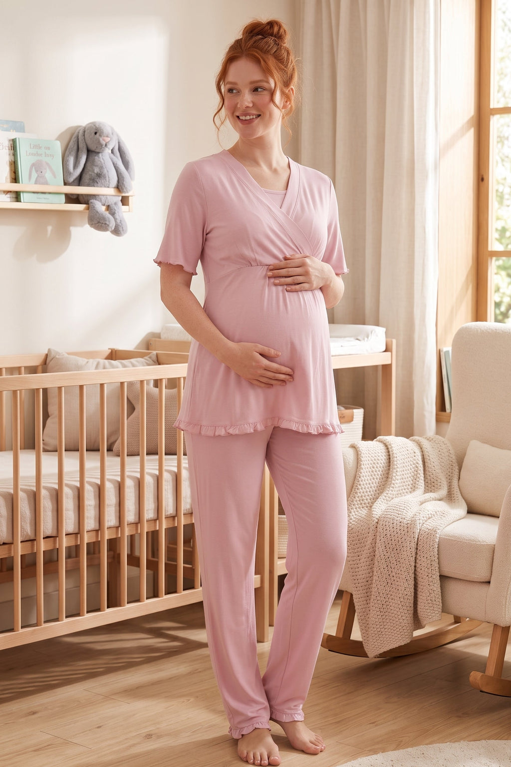 Pleated Sleeves Wrap Maternity Feeding-Friendly Pajama Set Pink - T3032
