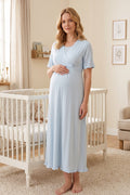 Pleated Sleeves Wrap Maternity Feeding-Friendly Nightgown Blue - T3033