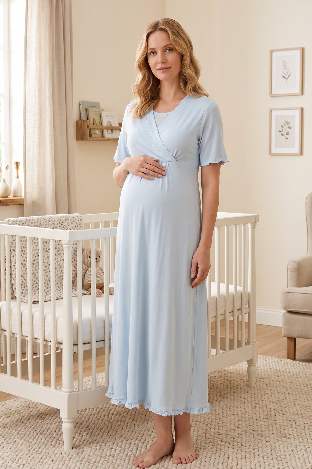 Pleated Sleeves Wrap Maternity Feeding-Friendly Nightgown Blue - T3033