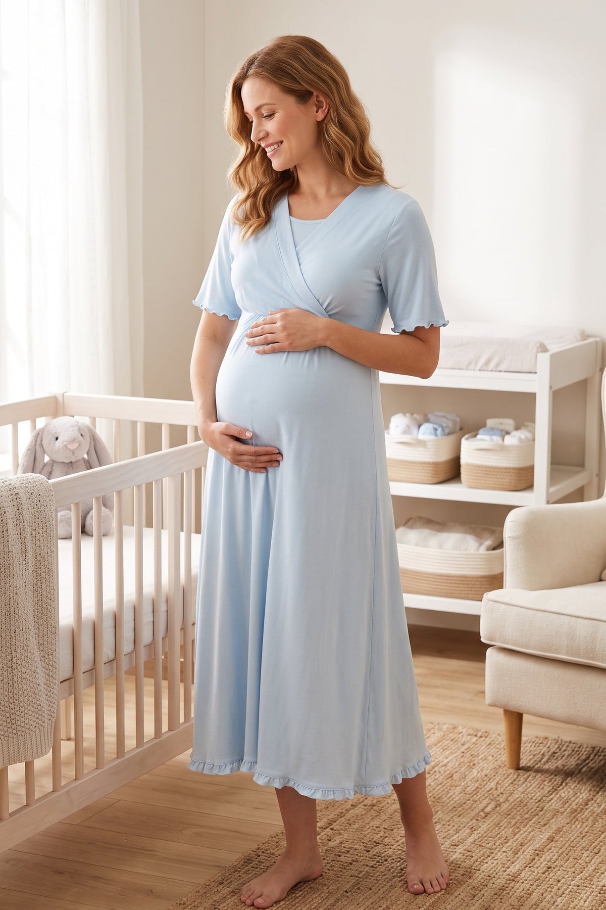 Pleated Sleeves Wrap Maternity Feeding-Friendly Nightgown Blue - T3033