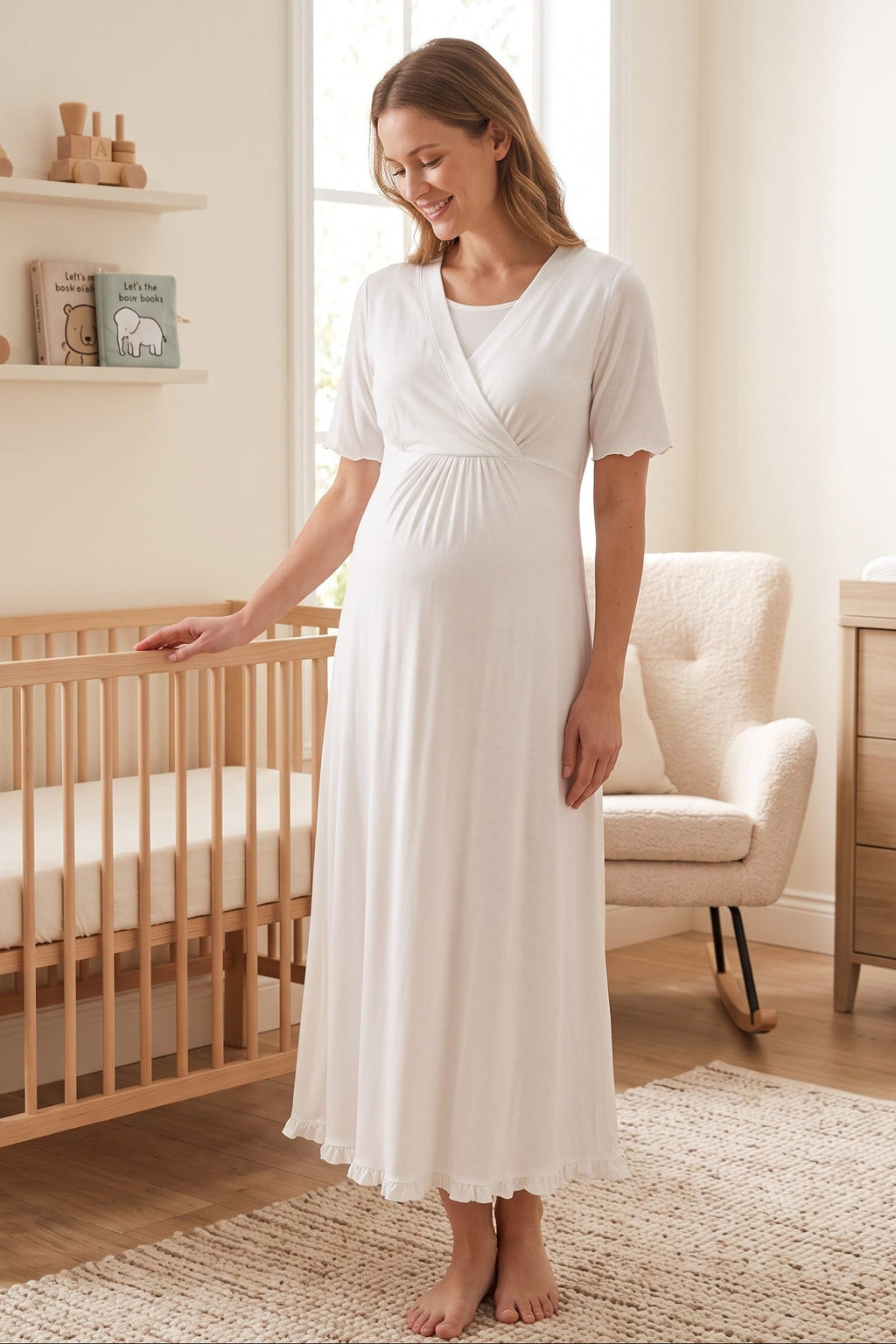 Pleated Sleeves Wrap Maternity Feeding-Friendly Nightgown Ecru - T3033